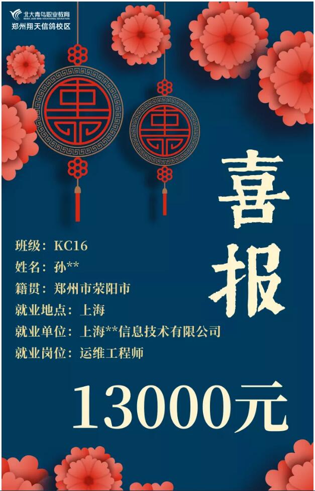 鄭州北大青鳥(niǎo)翔天信鴿學(xué)校就業(yè)喜報(bào)