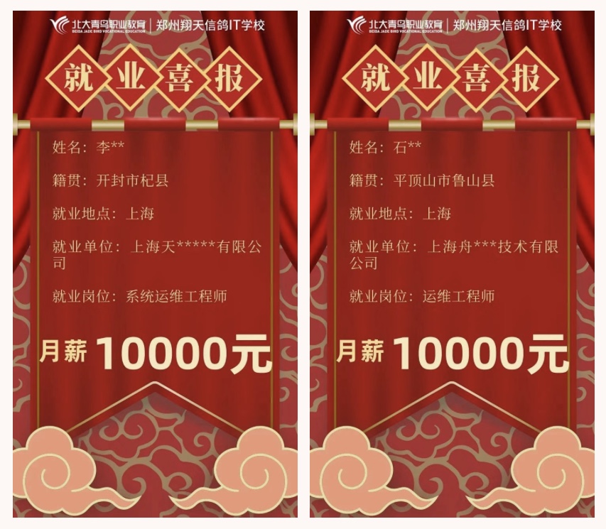 鄭州北大青鳥翔天信鴿學(xué)生上周最高月薪15000元